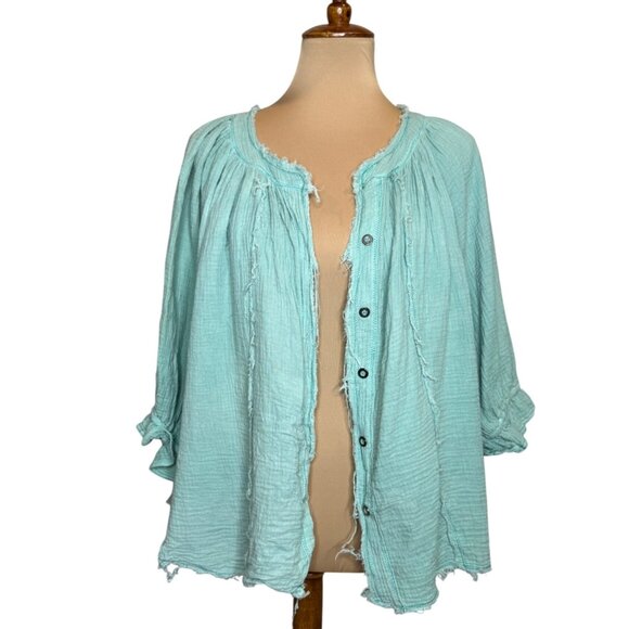 We The Free Lucy Swing Top Medium Aqua Frayed Hem Button Up Blouse - Picture 1 of 6